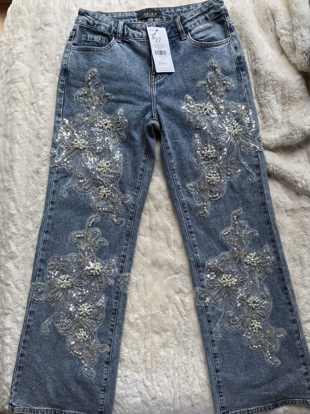 AKIRA Light Blue Denim Wide Leg Jeans with Pearl & Sequin Embellishment